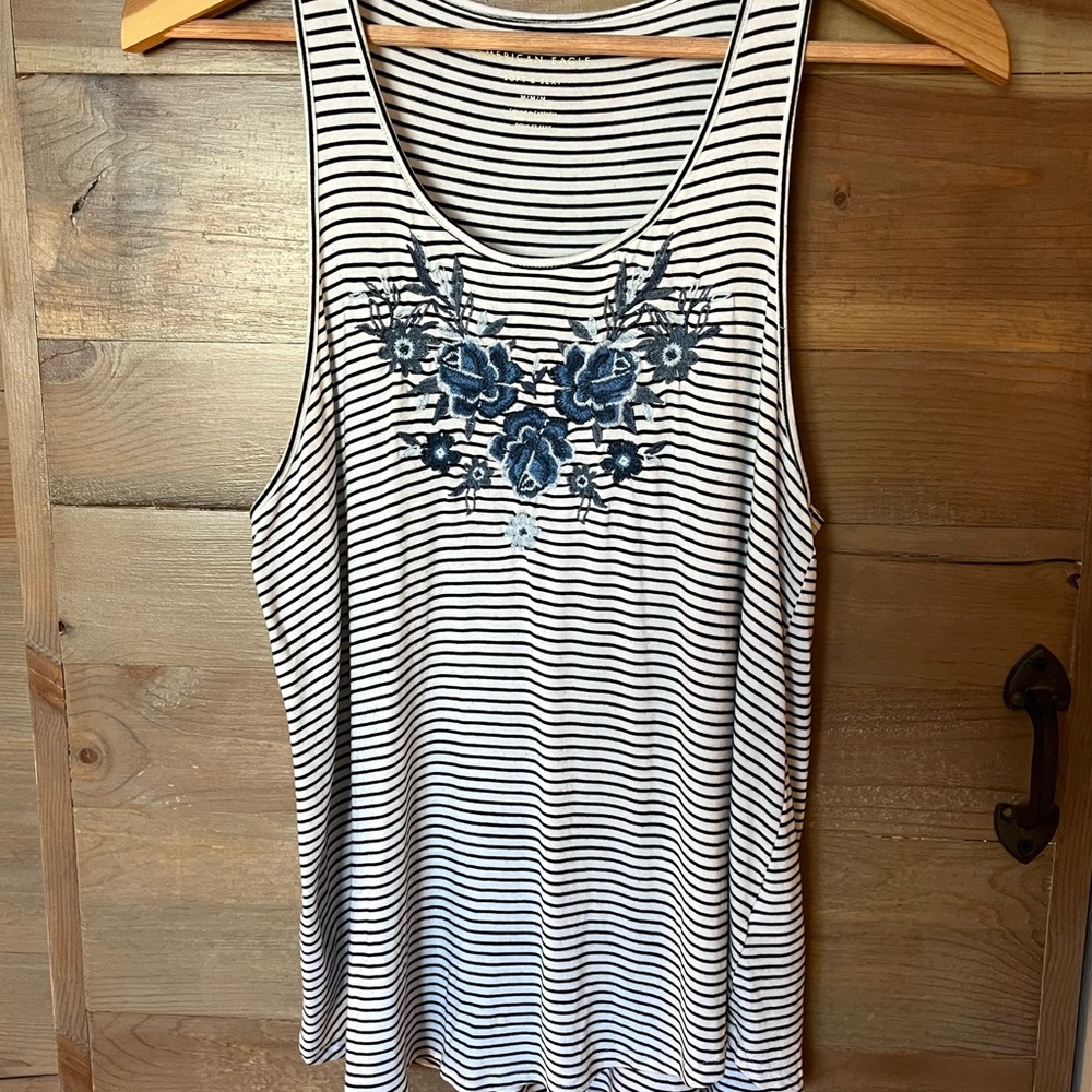 American Eagle Outfitters White and Blue Embellished Sleeveless Tank Top